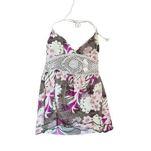 Y2K Hawaiian Floral Crochet Halter Top XS